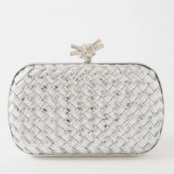 Bottega Veneta Knot Minaudiere Clutch In Silver Intreccio laminated Leather  612