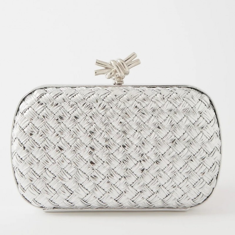 Bottega Veneta Knot Minaudiere Clutch In Silver Intreccio laminated Leather  612