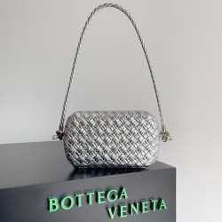 Bottega Veneta Knot Minaudiere On Strap In Silver Intreccio Laminated Leather 419