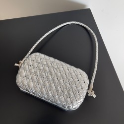 Bottega Veneta Knot Minaudiere On Strap In Silver Intreccio Laminated Leather 419