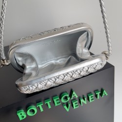 Bottega Veneta Knot Minaudiere On Strap In Silver Intreccio Laminated Leather 419