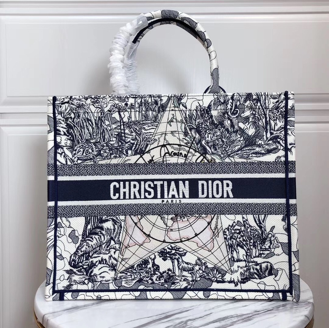 Dior Book Tote Bag In Blue Around The World Embroidered Canvas 722