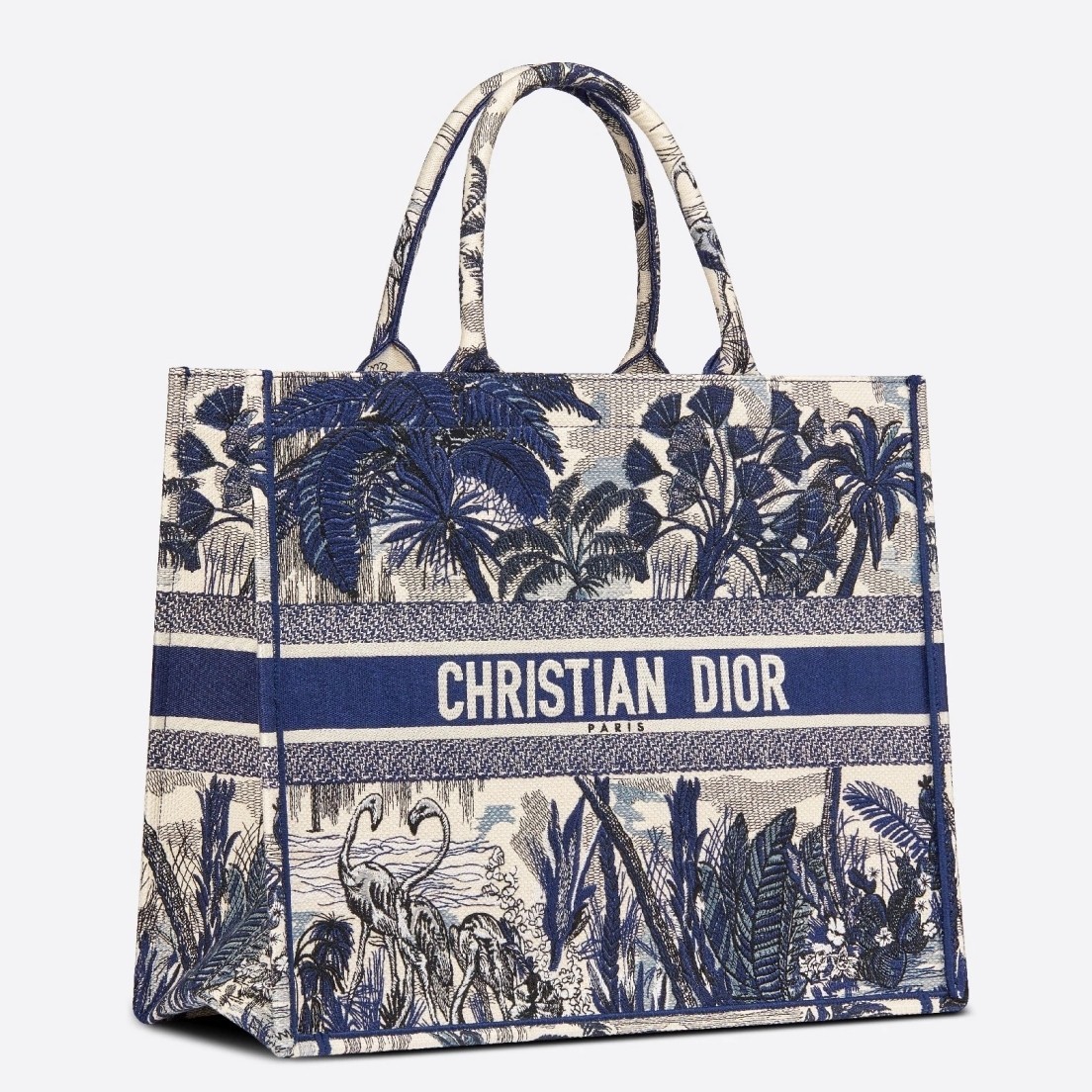 Dior Book Tote Bag In Blue Palm Tree Toile de Jouy Embroidery 984