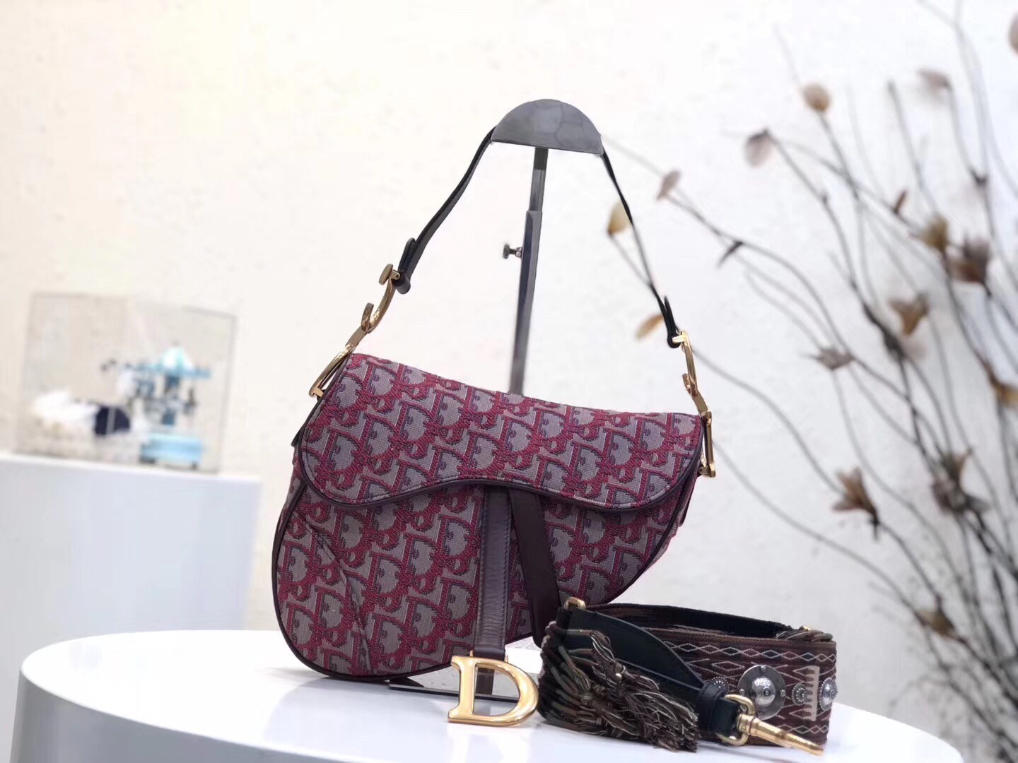 Dior Saddle Bag In Bordeaux Oblique Jacquard Canvas 164