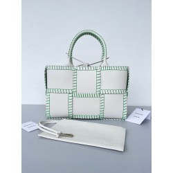 Bottega Veneta White Arco Small Tote with Green Overlock Stitching 790