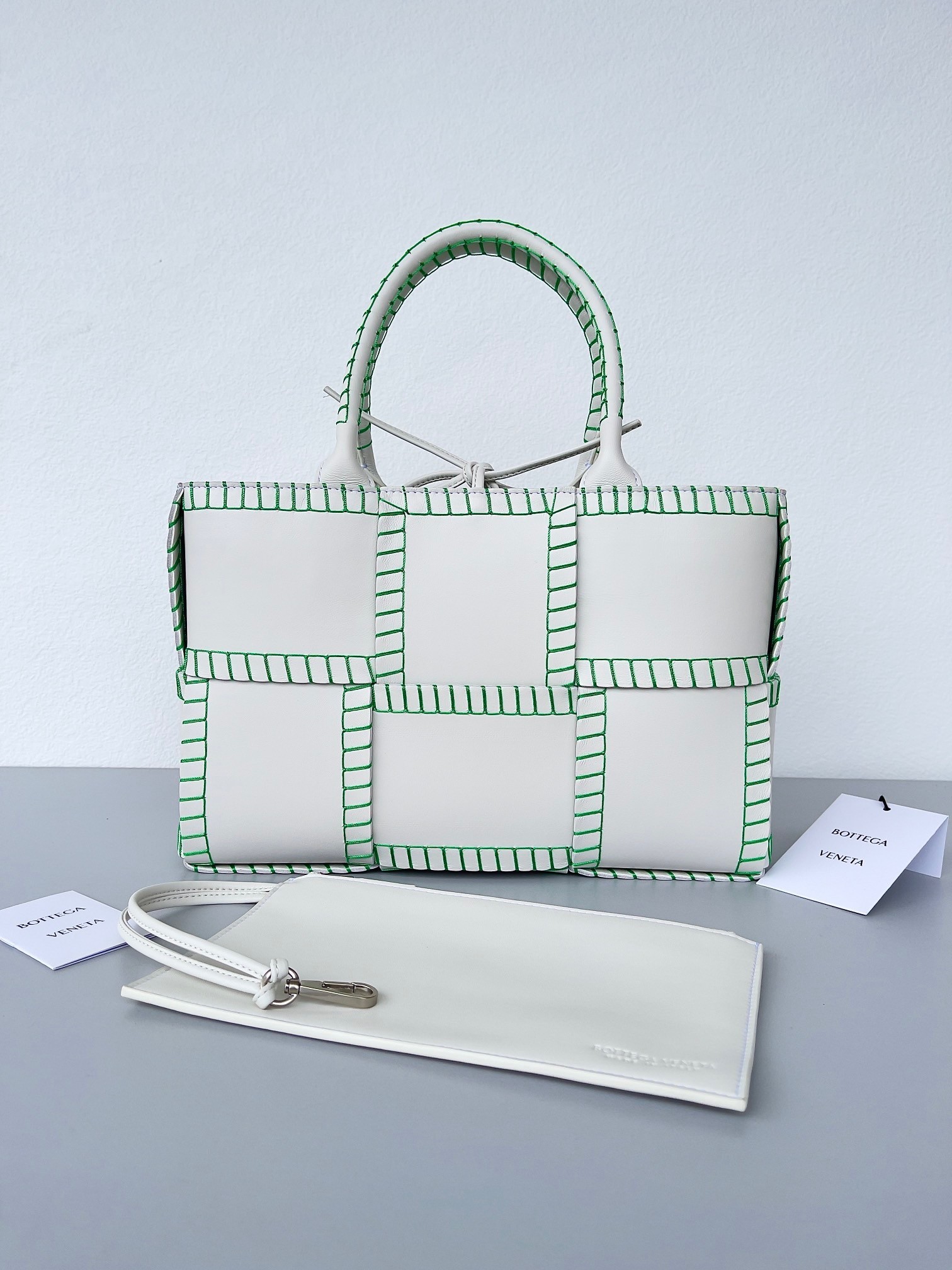 Bottega Veneta White Arco Small Tote with Green Overlock Stitching 790