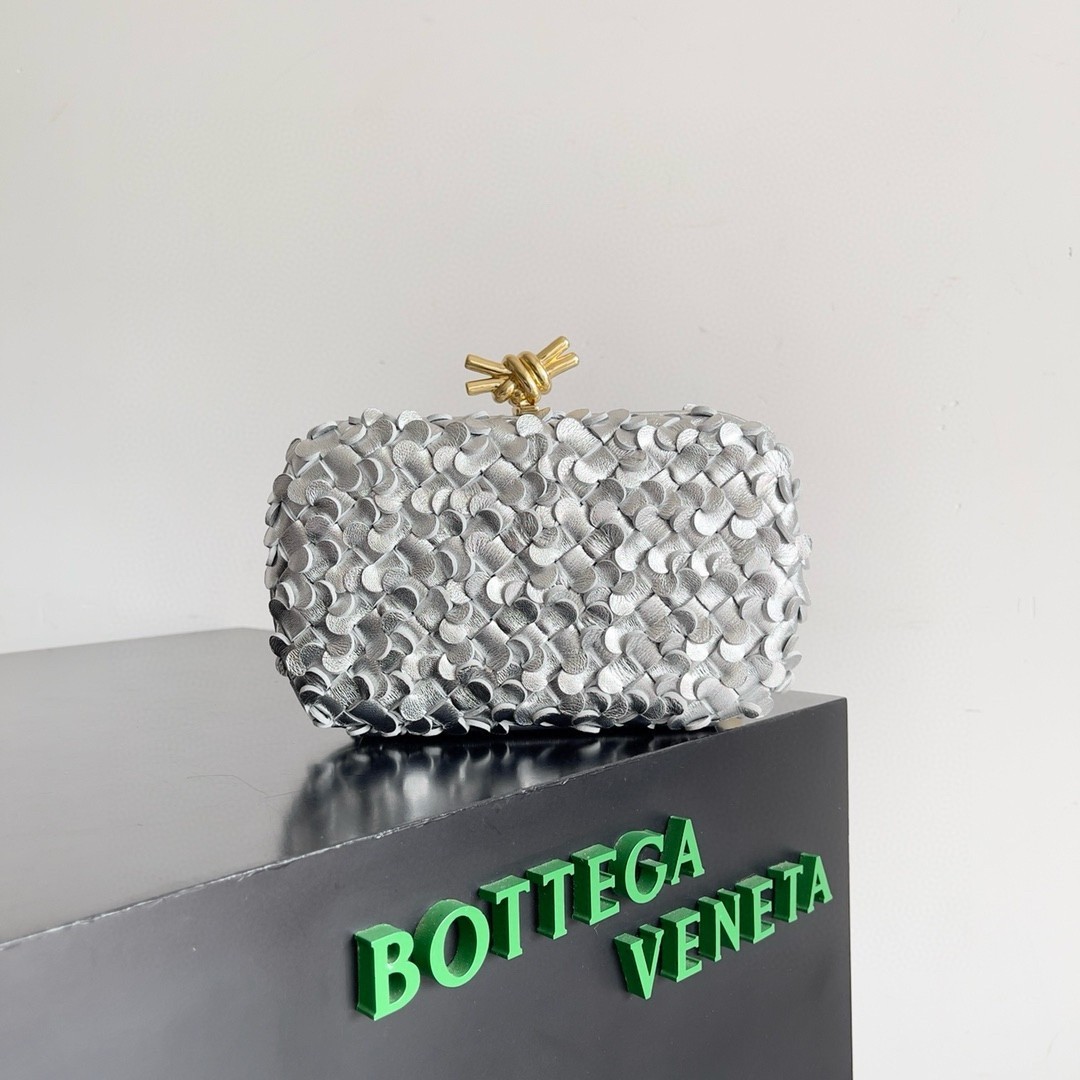 Bottega Veneta Knot Minaudiere Clutch in Silver Sequins Laminated Leather 966