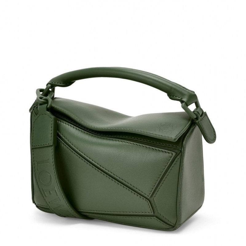 Loewe Puzzle Mini Bag In Vintage Khaki Satin Calfskin 211