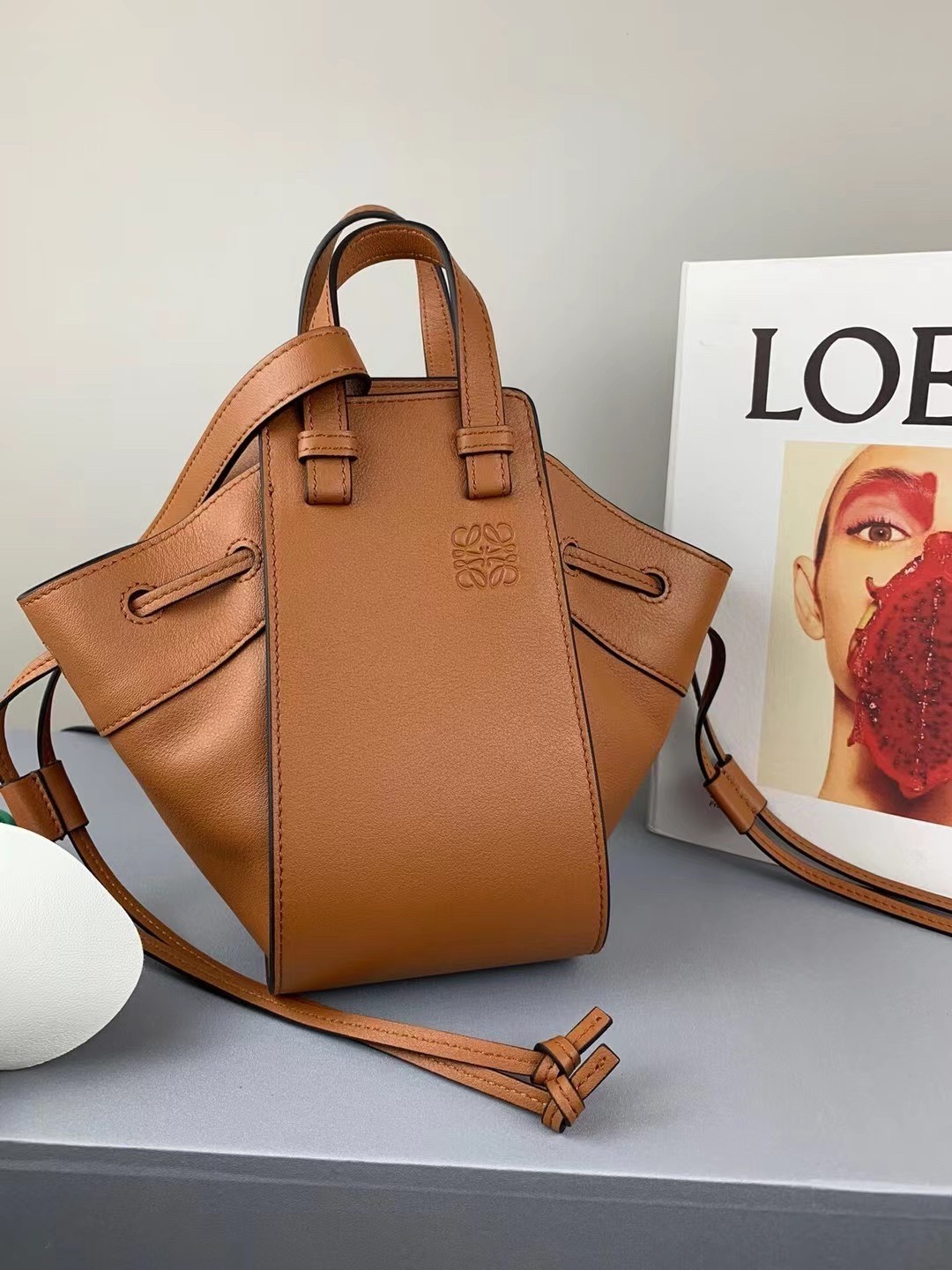 Loewe Mini Hammock Drawstring Bag In Brown Calfskin 339