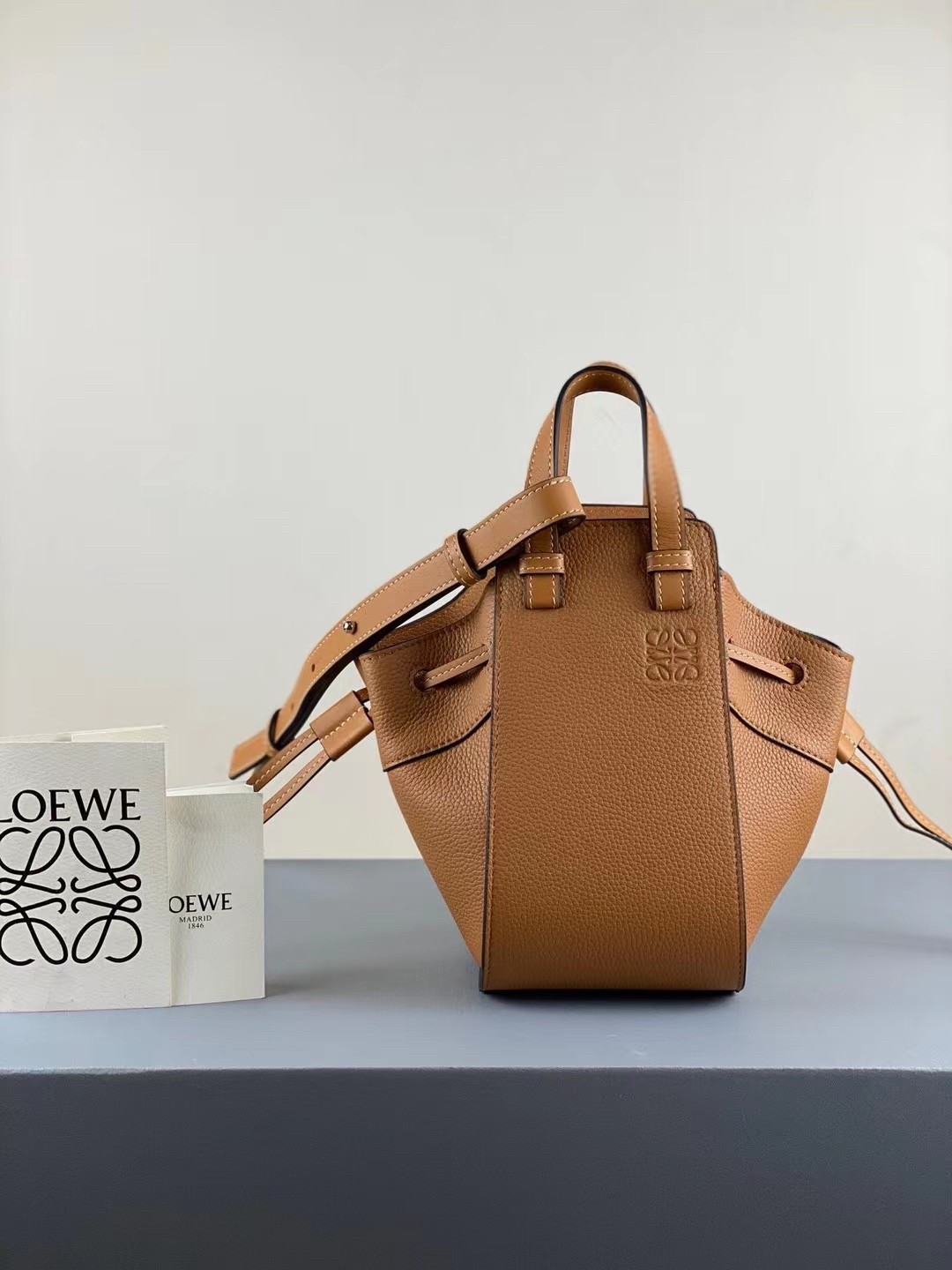 Loewe Mini Hammock Drawstring Bag In Brown Leather 076