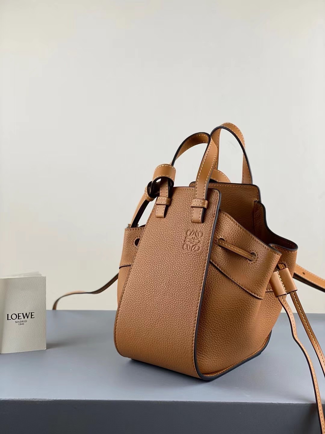 Loewe Mini Hammock Drawstring Bag In Brown Leather 076