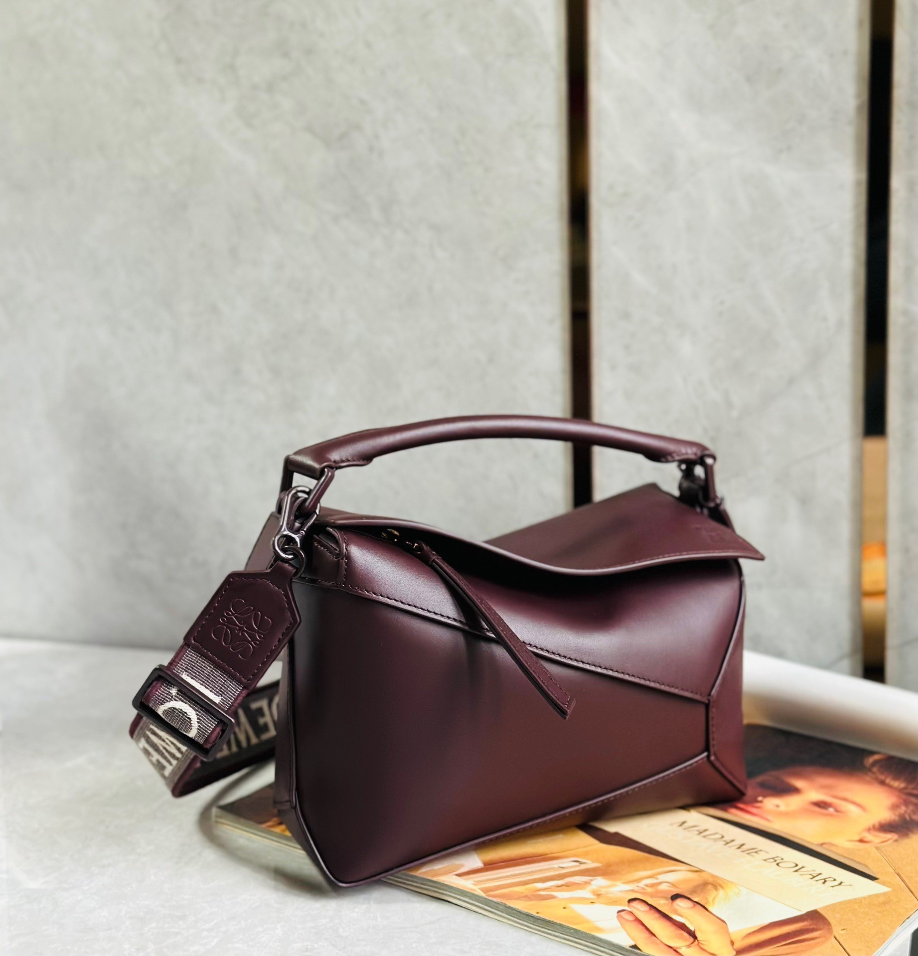 Loewe Puzzle Small Bag In Burgundy Satin Calfskin 574