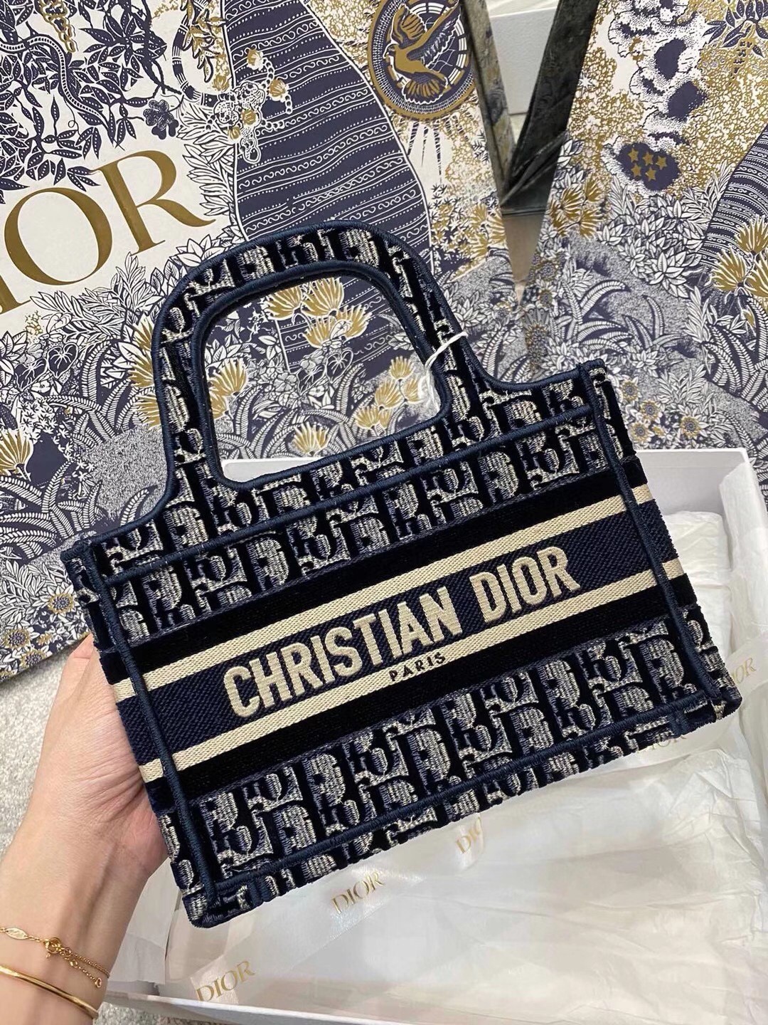 Dior Mini Book Tote Bag In Blue Dior Oblique Embroidered Velvet 963