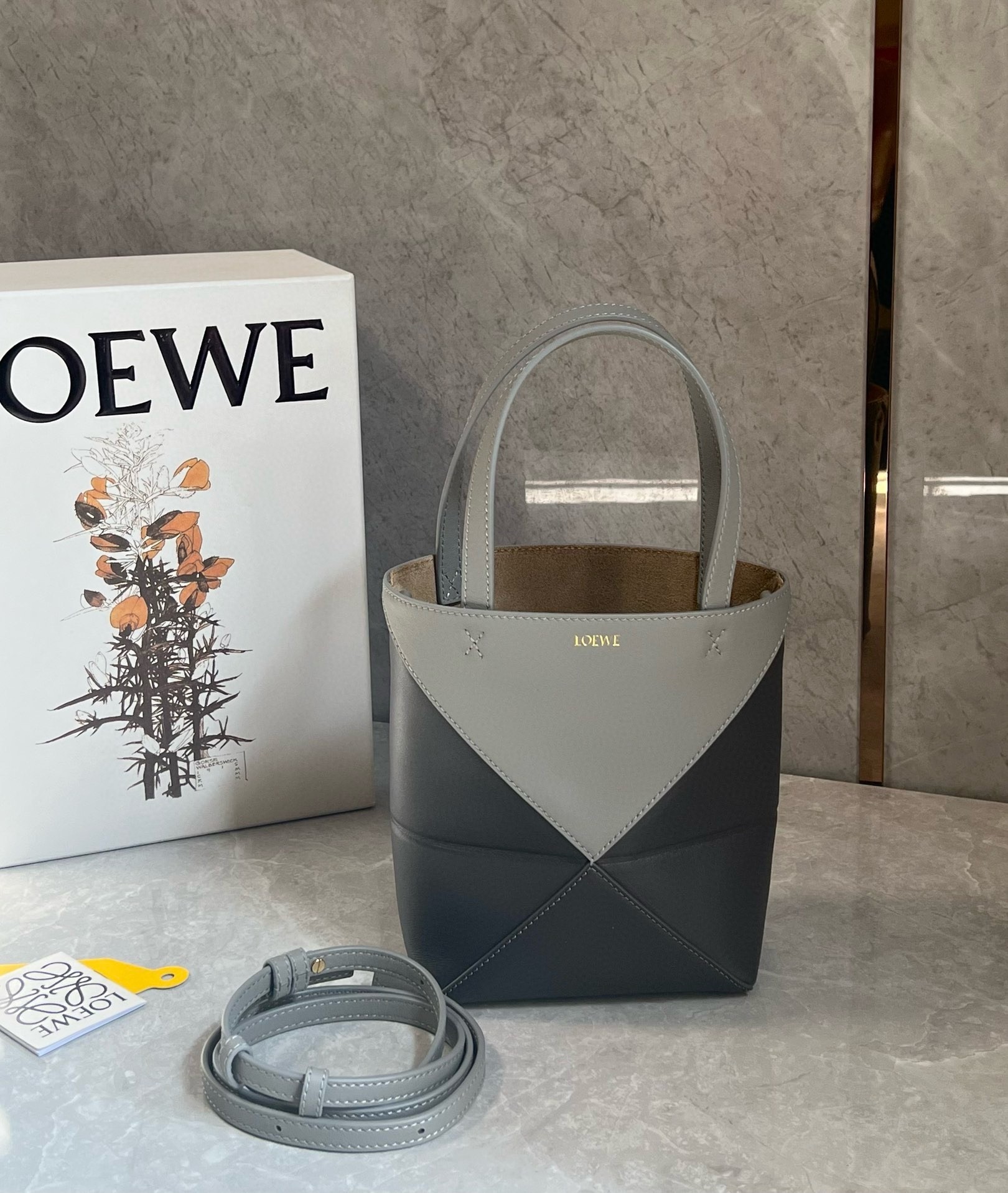 Loewe Mini Puzzle Fold Tote Bag in Grey/Dark Grey Calfskin 475