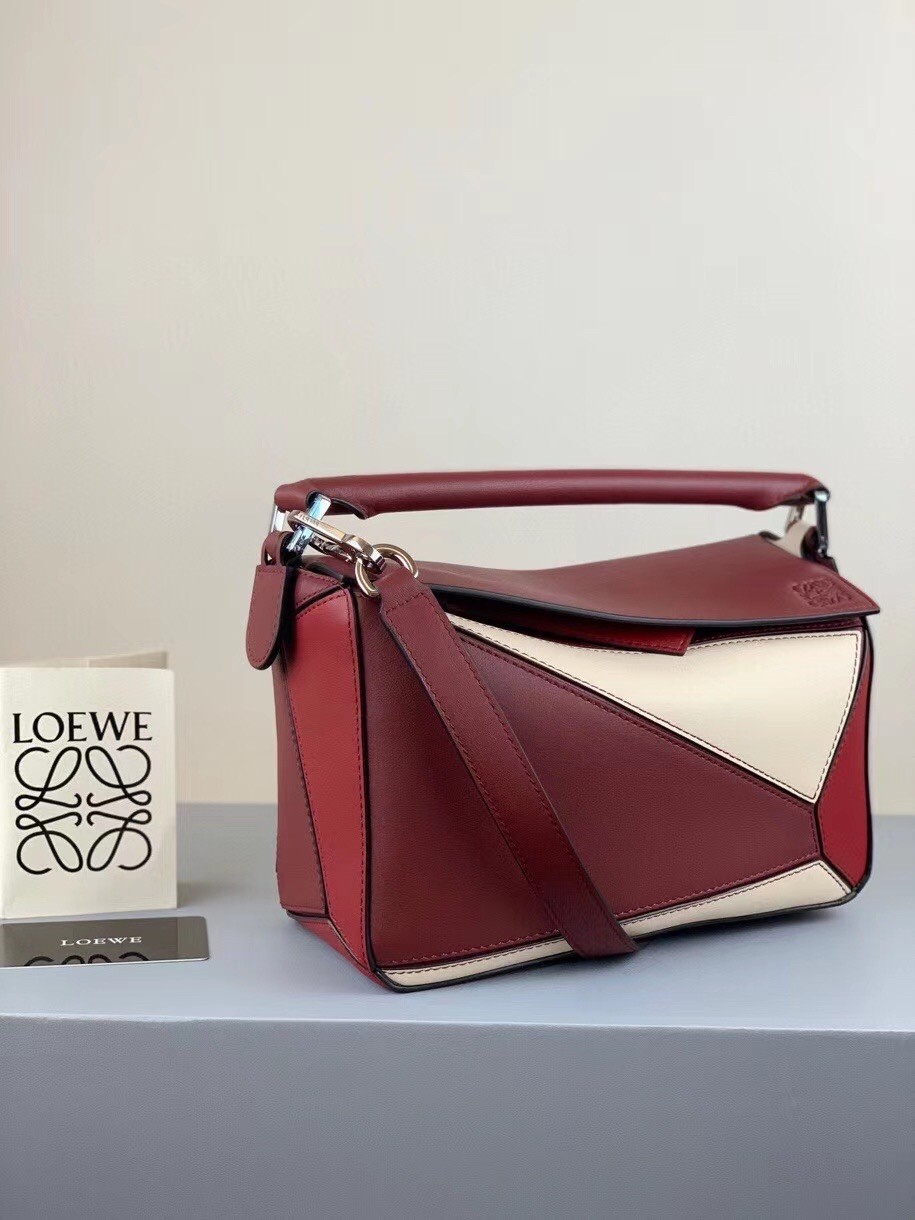 Loewe Small Puzzle Bag In Bordeaux/Garnet/White Calfskin 315