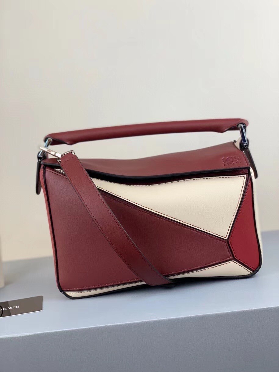 Loewe Small Puzzle Bag In Bordeaux/Garnet/White Calfskin 315