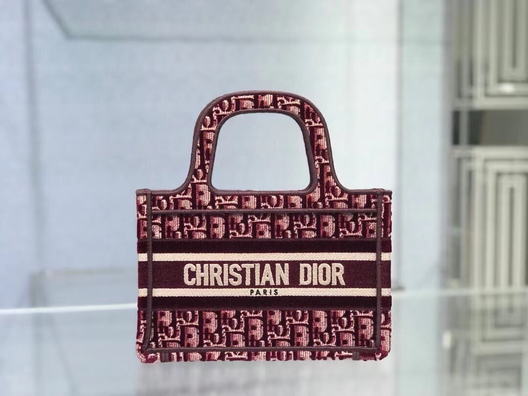 Dior Mini Book Tote Bag In Bordeaux Oblique Embroidered Velvet 822