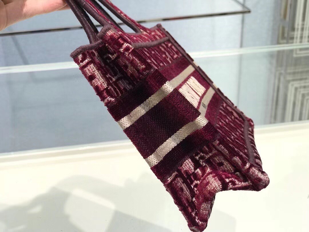 Dior Mini Book Tote Bag In Bordeaux Oblique Embroidered Velvet 822