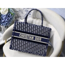 Dior Small Book Tote Bag In Blue Oblique Embroidered Velvet 605