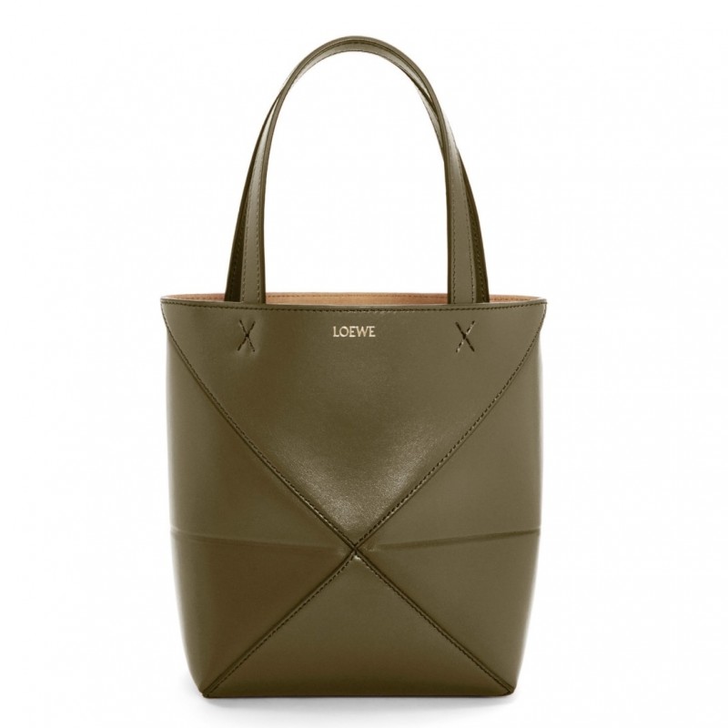 Loewe Mini Puzzle Fold Tote Bag in Dark Green Calfskin 511