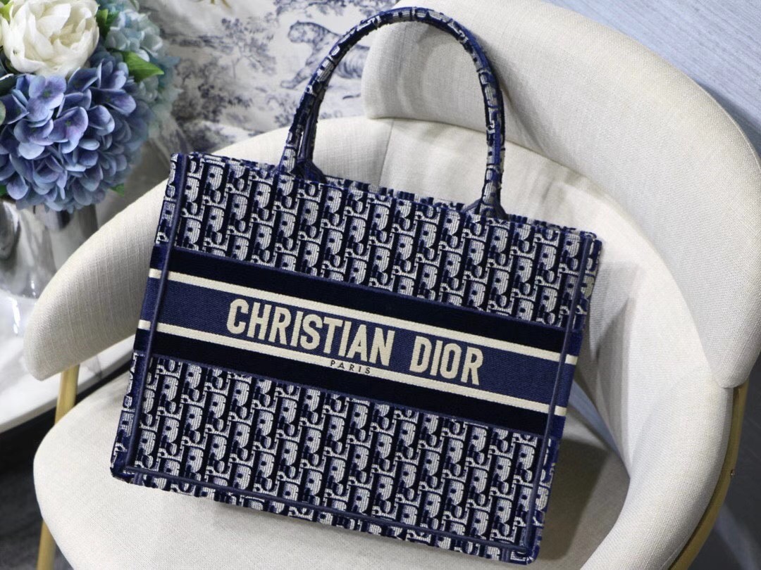 Dior Small Book Tote Bag In Blue Oblique Embroidered Velvet 605