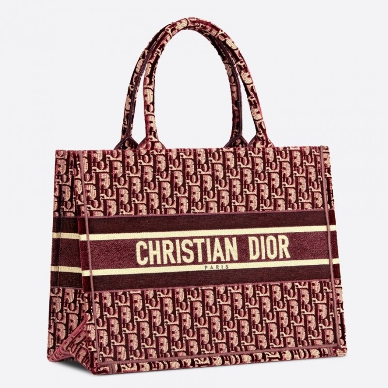 Dior Small Book Tote Bag In Bordeaux Oblique Embroidered Velvet 643