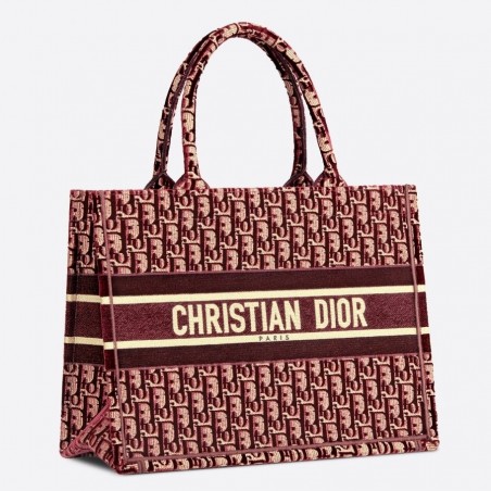 Dior Small Book Tote Bag In Bordeaux Oblique Embroidered Velvet 643