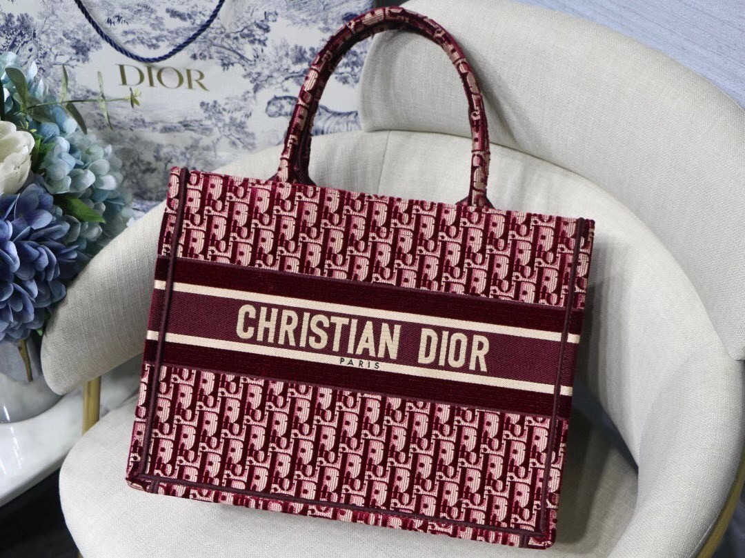 Dior Small Book Tote Bag In Bordeaux Oblique Embroidered Velvet 643