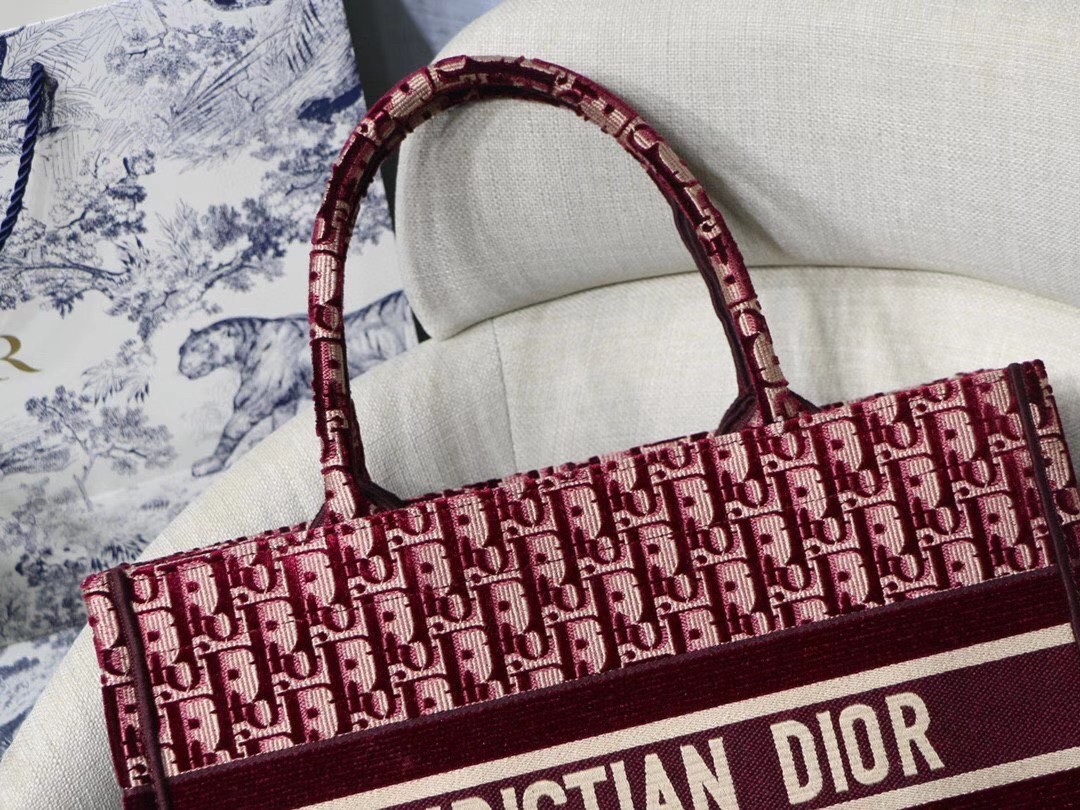 Dior Small Book Tote Bag In Bordeaux Oblique Embroidered Velvet 643