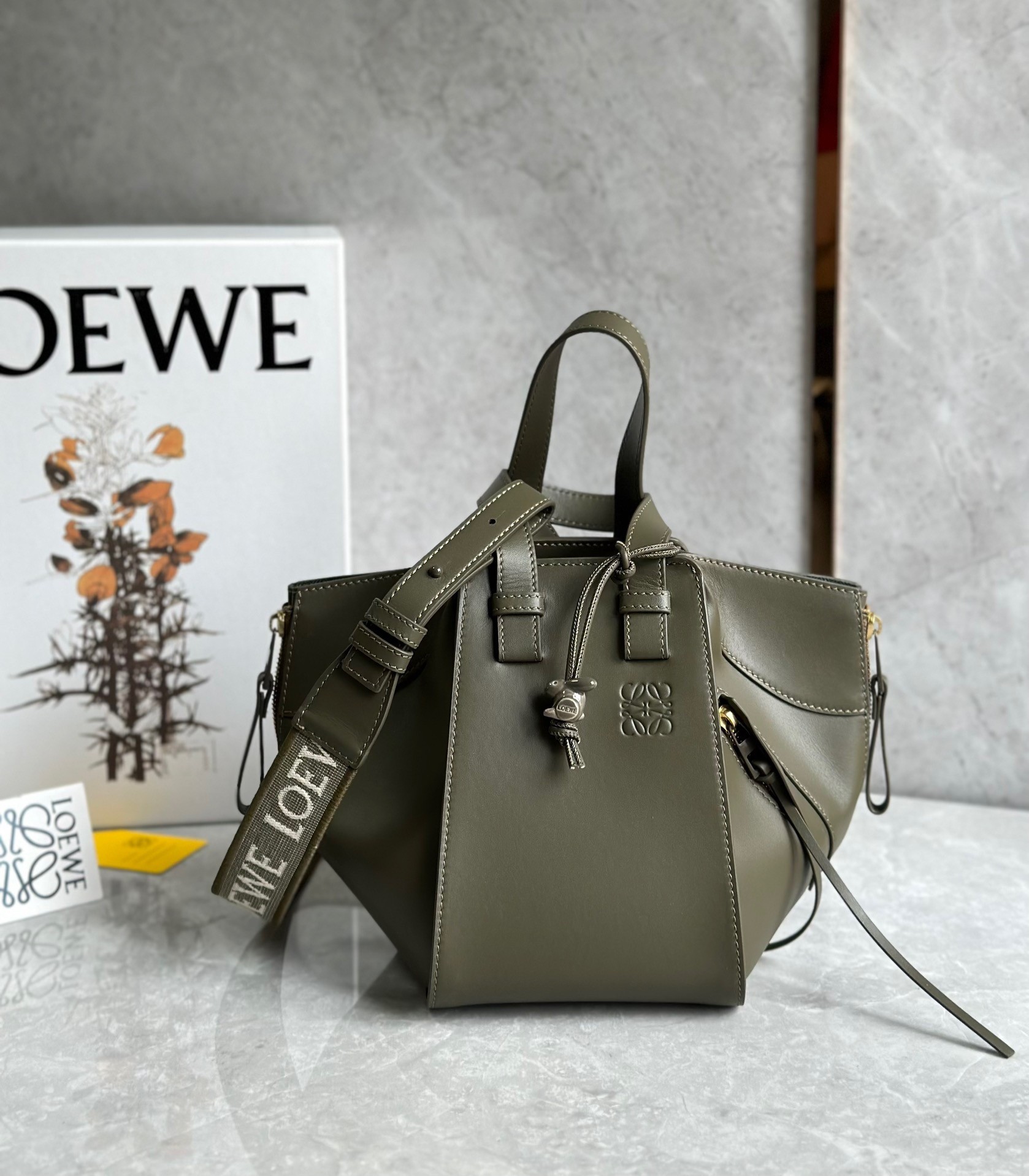 Loewe Compact Hammock Bag in Khaki Green Satin Calfskin 569