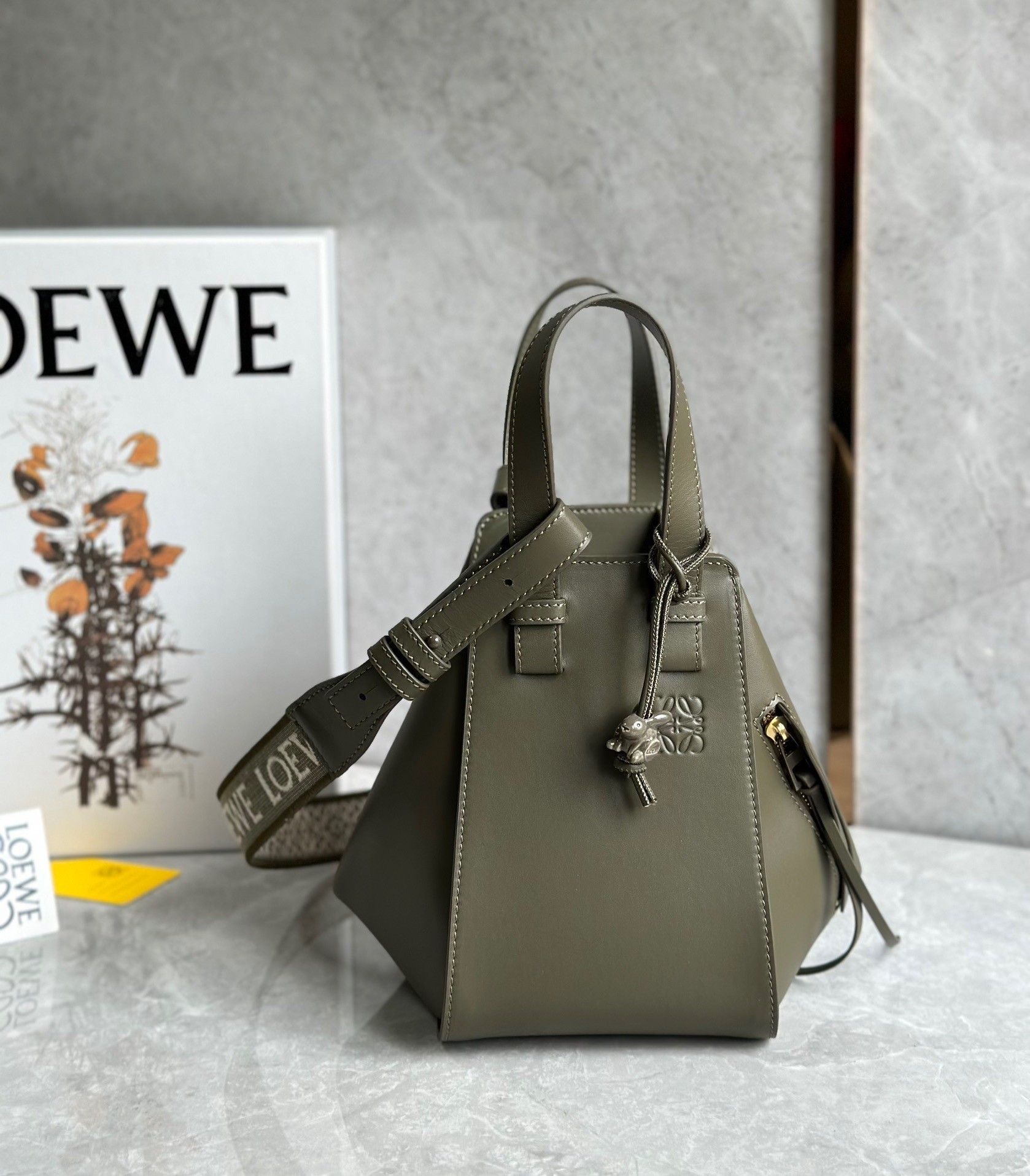 Loewe Compact Hammock Bag in Khaki Green Satin Calfskin 569