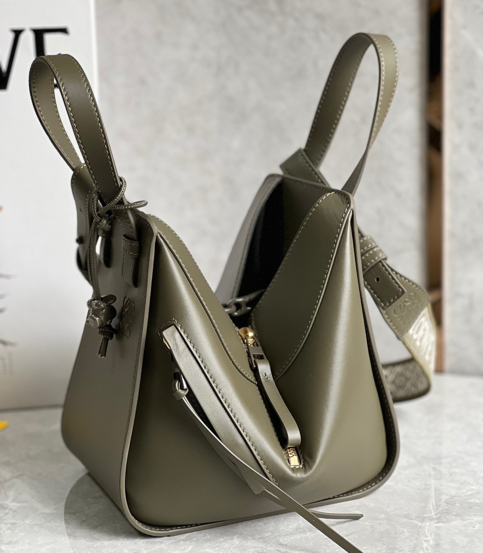 Loewe Compact Hammock Bag in Khaki Green Satin Calfskin 569