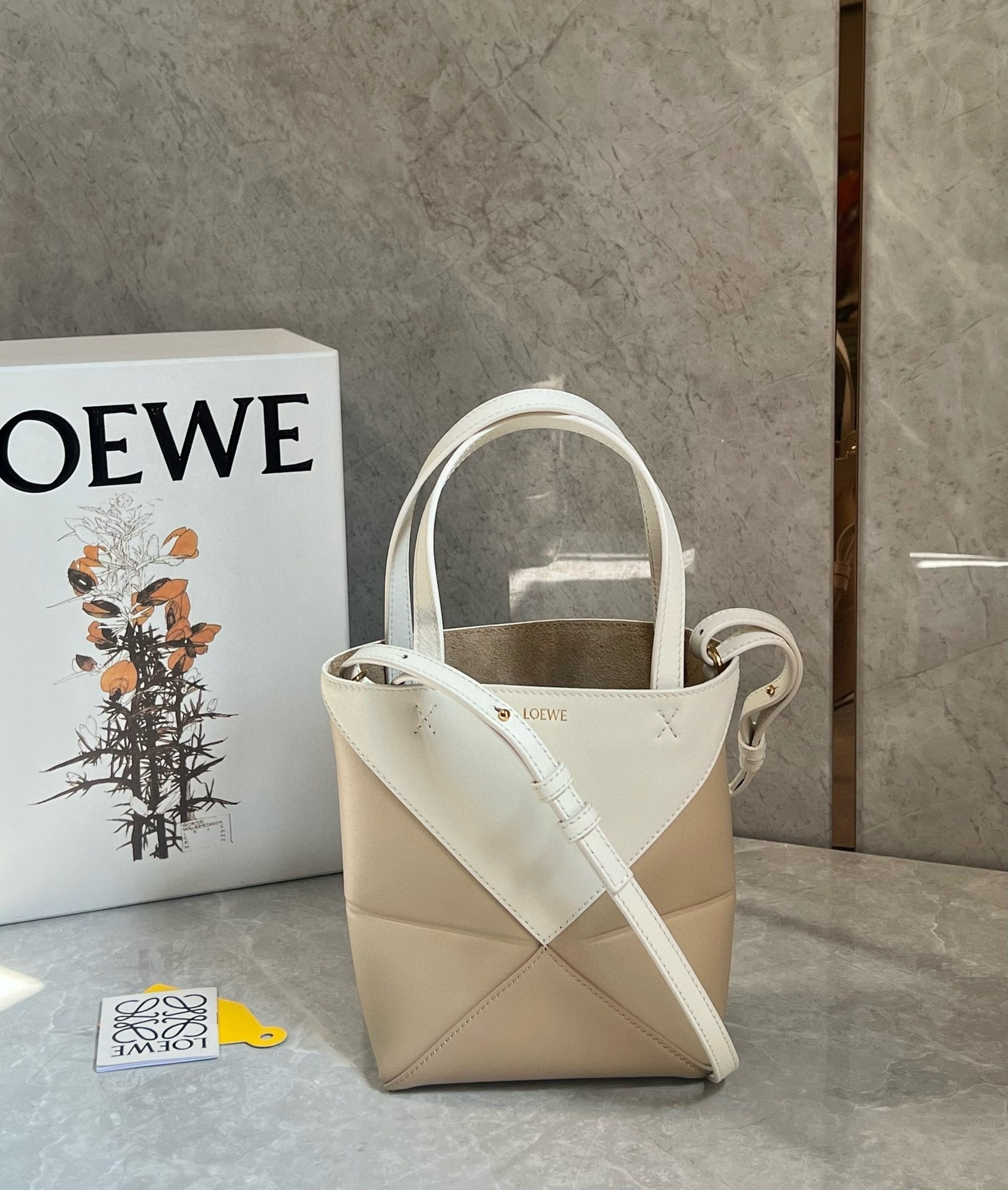 Loewe Mini Puzzle Fold Tote Bag in White/Beige Calfskin 113