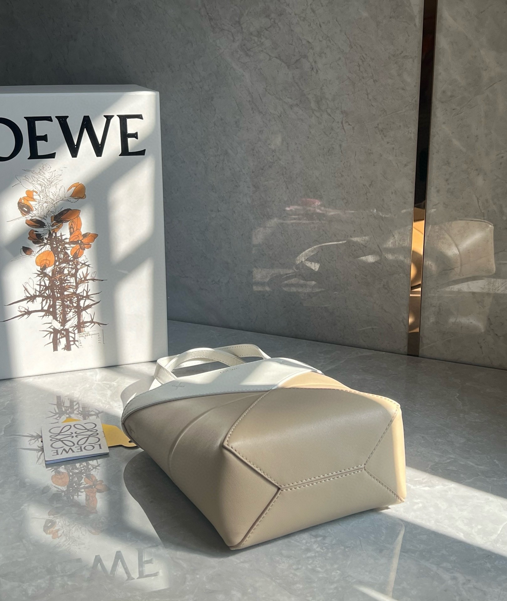 Loewe Mini Puzzle Fold Tote Bag in White/Beige Calfskin 113