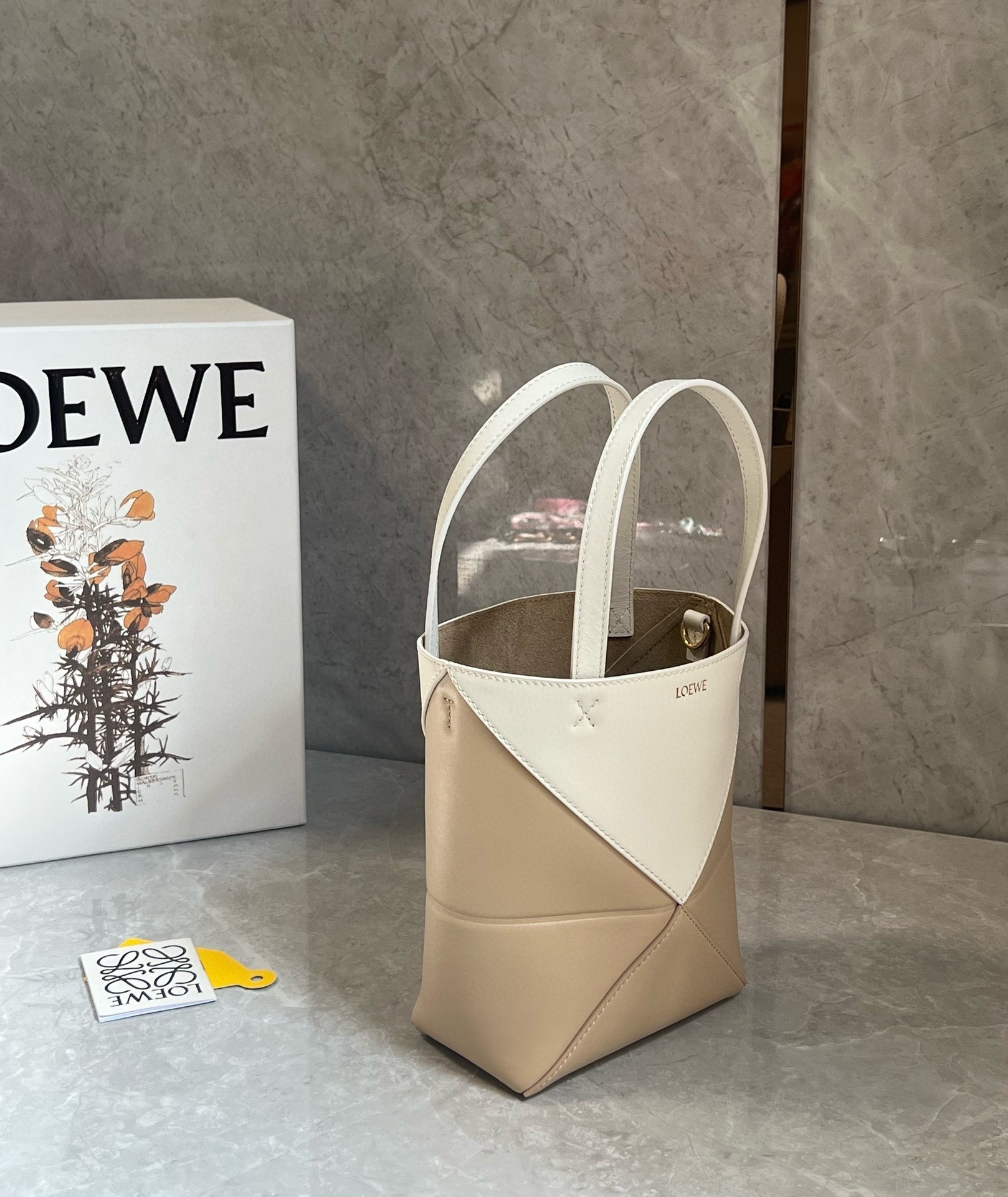 Loewe Mini Puzzle Fold Tote Bag in White/Beige Calfskin 113