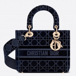 Dior Medium Lady D-Lite Bag In Blue Embroidered Velvet 491