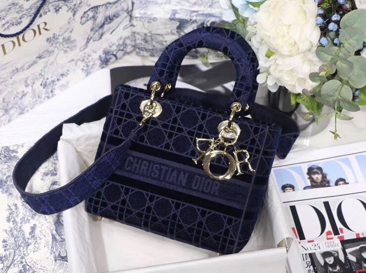 Dior Medium Lady D-Lite Bag In Blue Embroidered Velvet 491