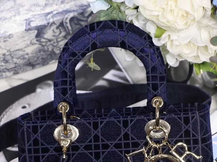 Dior Medium Lady D-Lite Bag In Blue Embroidered Velvet 491