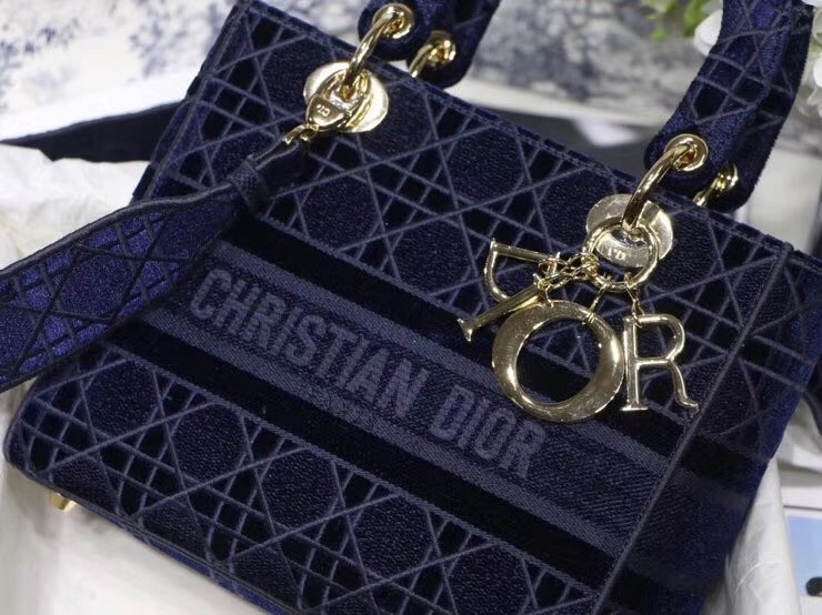 Dior Medium Lady D-Lite Bag In Blue Embroidered Velvet 491