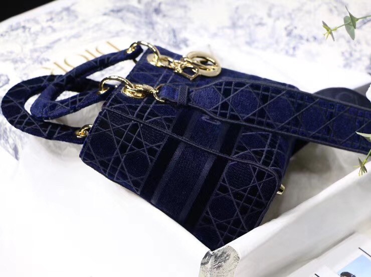 Dior Medium Lady D-Lite Bag In Blue Embroidered Velvet 491