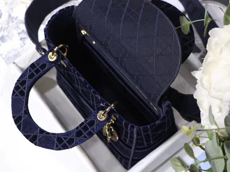 Dior Medium Lady D-Lite Bag In Blue Embroidered Velvet 491