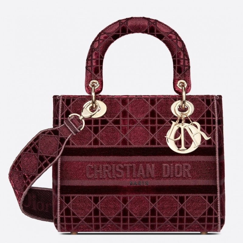 Dior Medium Lady D-Lite Bag In Bordeaux Embroidered Velvet 524