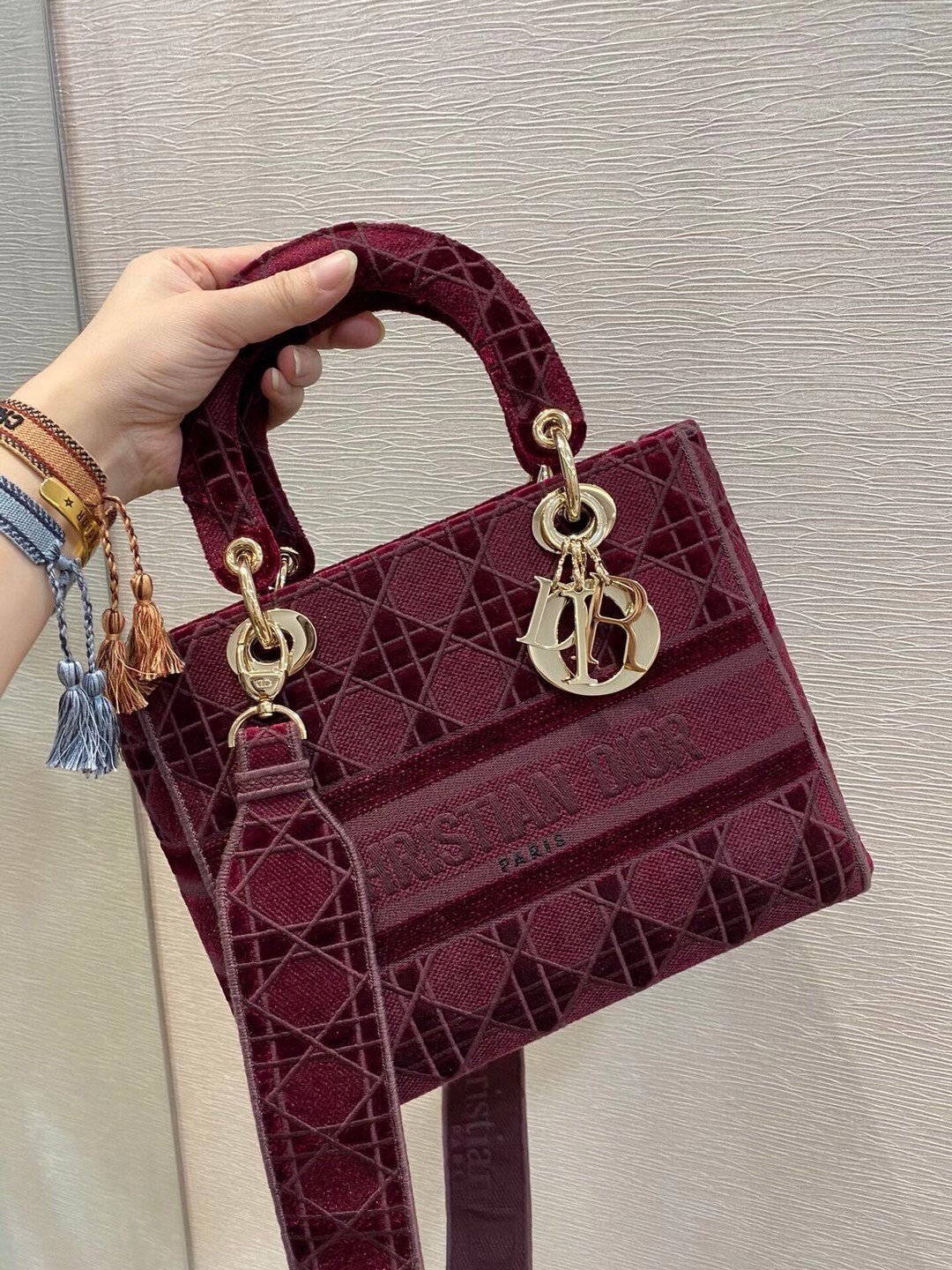 Dior Medium Lady D-Lite Bag In Bordeaux Embroidered Velvet 524