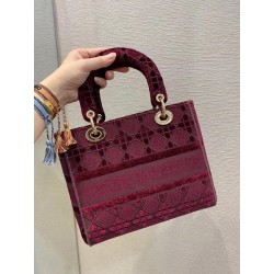 Dior Medium Lady D-Lite Bag In Bordeaux Embroidered Velvet 524