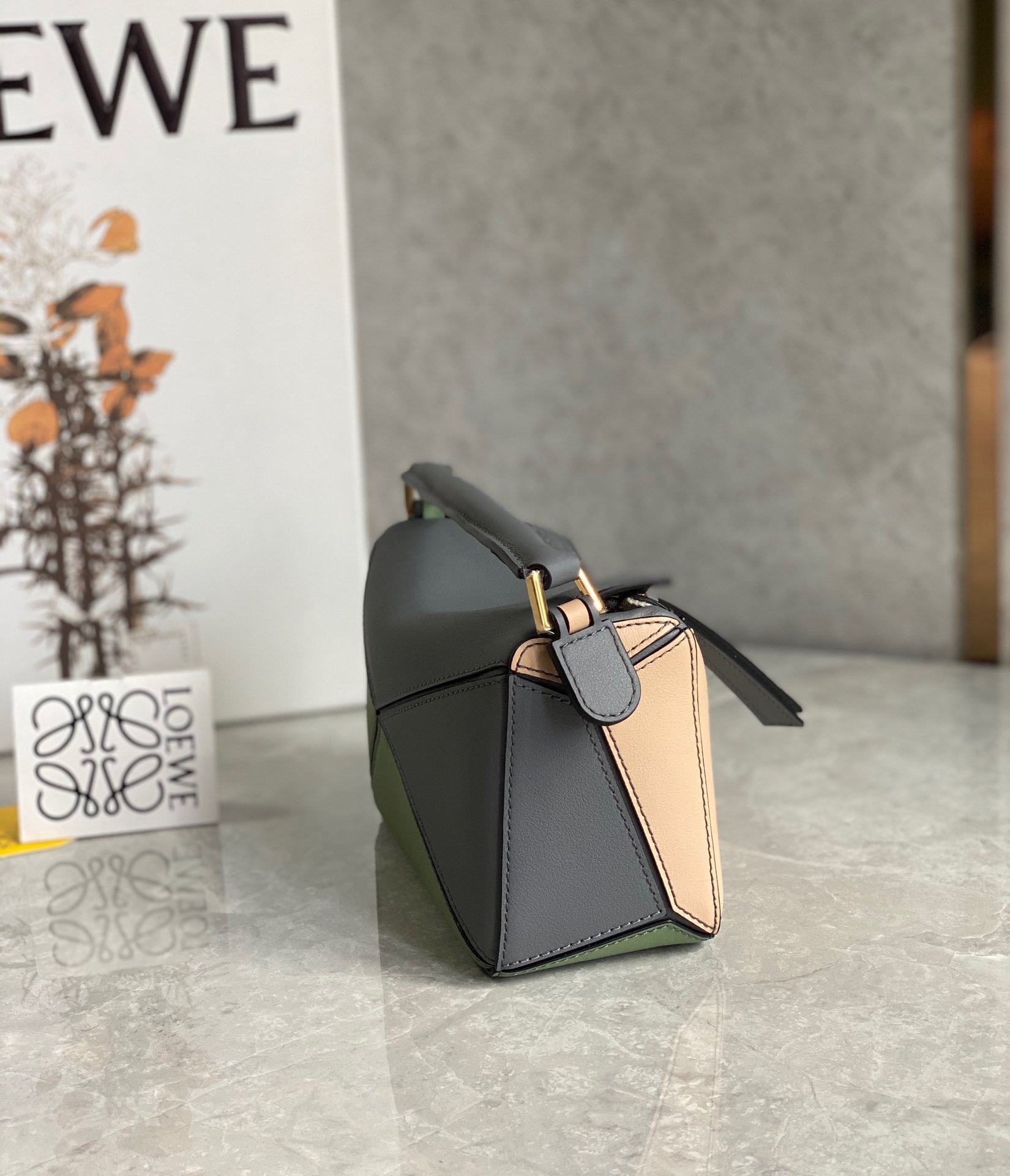 Loewe Puzzle Mini Bag In Asphalt Grey/Nude/Green Calfskin 744