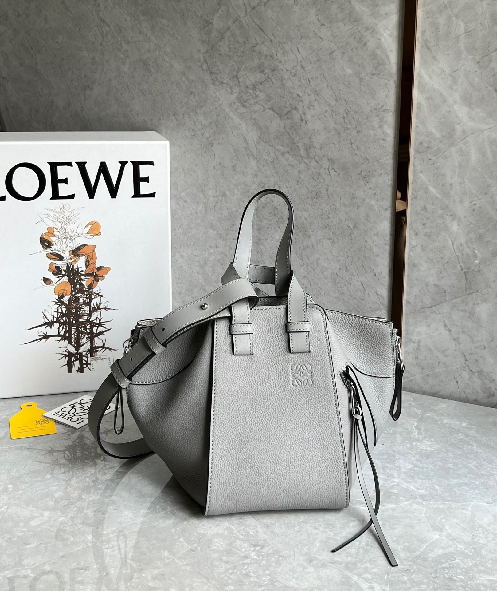 Loewe Compact Hammock Bag in Pearl Grey Grained Calfskin 484