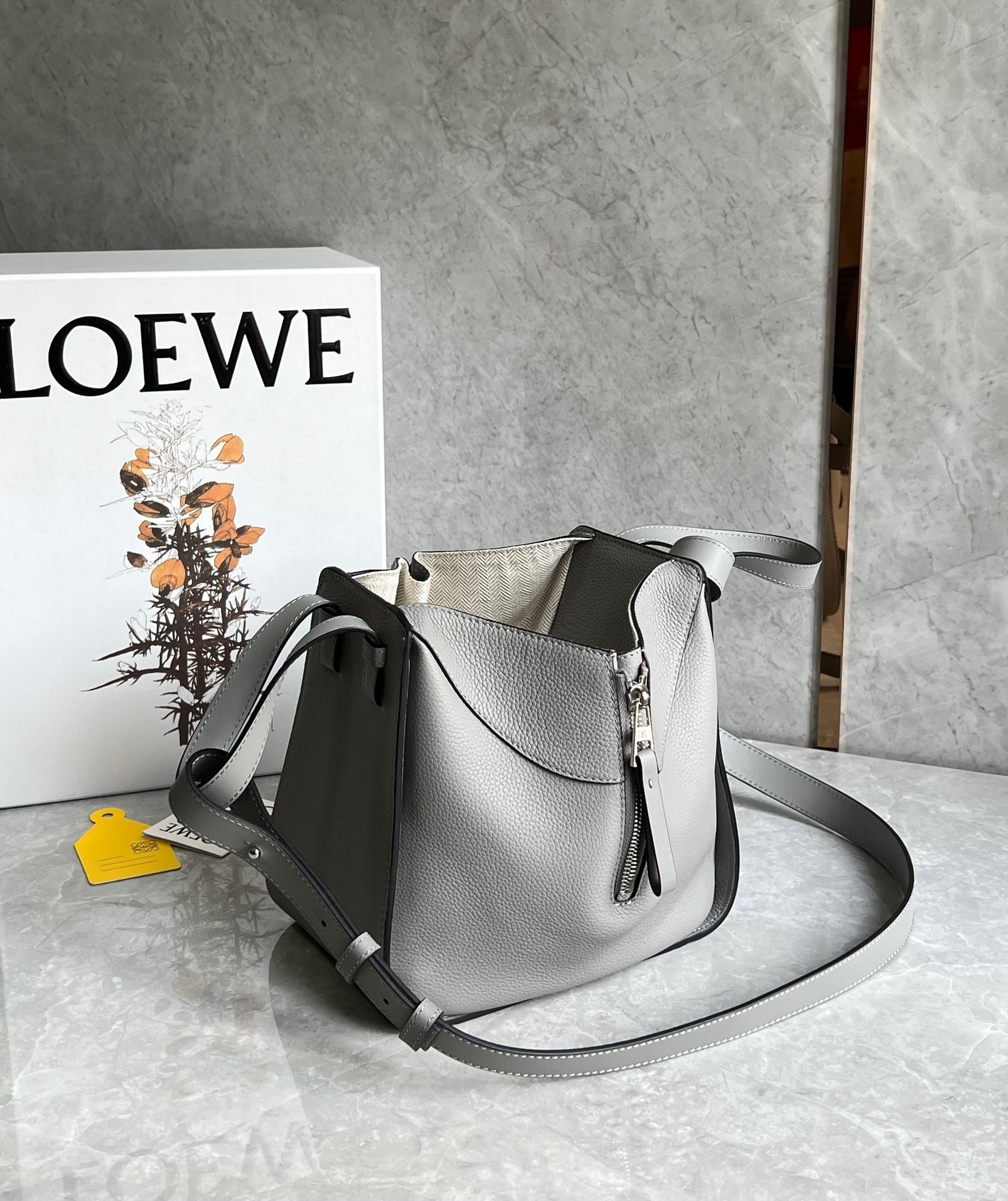 Loewe Compact Hammock Bag in Pearl Grey Grained Calfskin 484