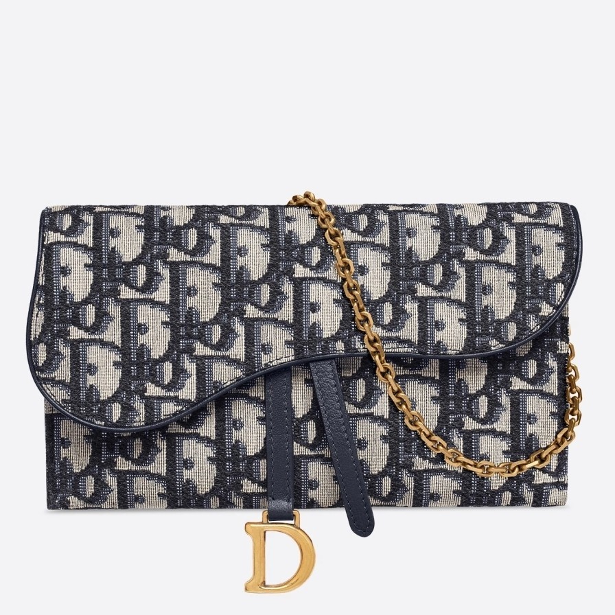 Dior Saddle Chain Wallet In Blue Oblique Canvas  390