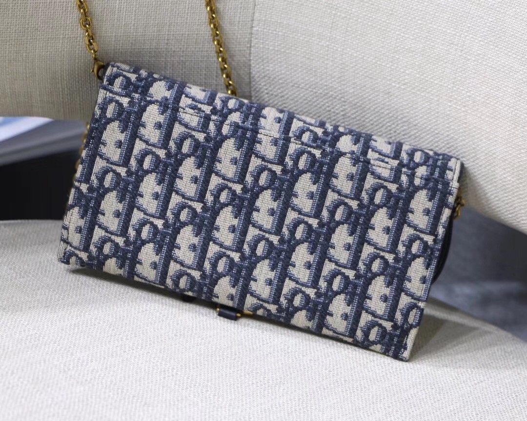 Dior Saddle Chain Wallet In Blue Oblique Canvas  390