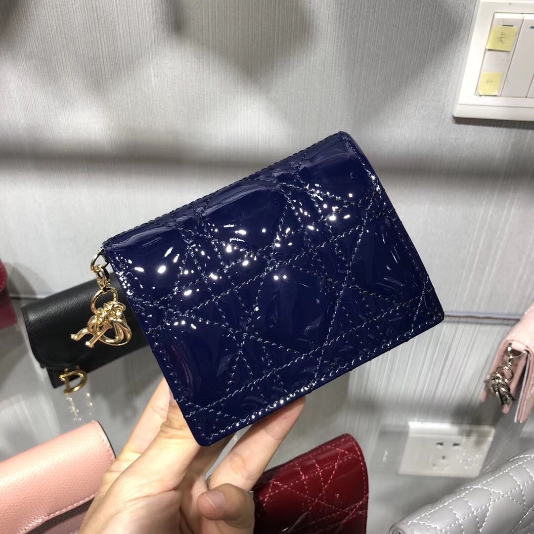 Dior Mini Lady Dior Wallet In Indigo Blue Patent Leather 738